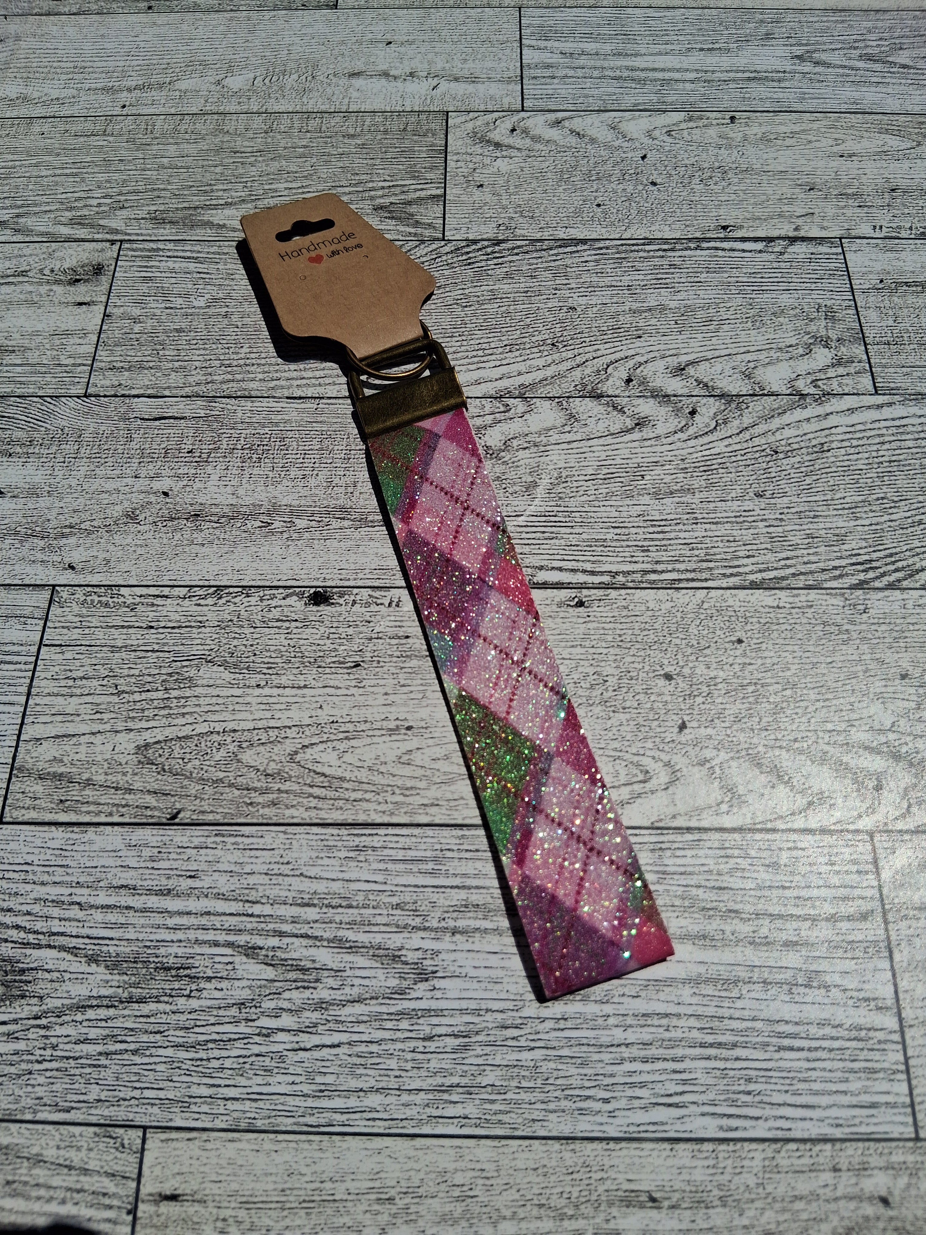 Pink plaid/brass 6" keychain